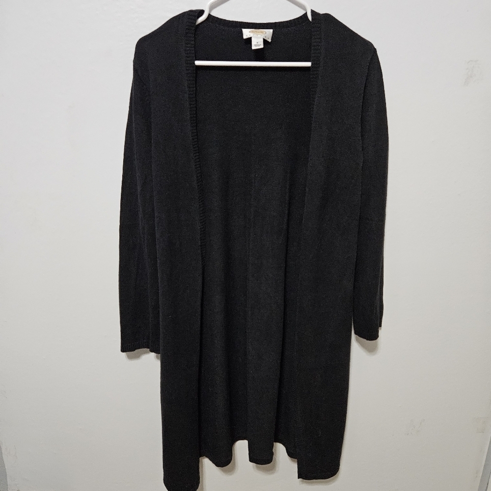 Talbots Cardigan Duster Women Petite Black Open Tunic Length Silk Wool Cashmere